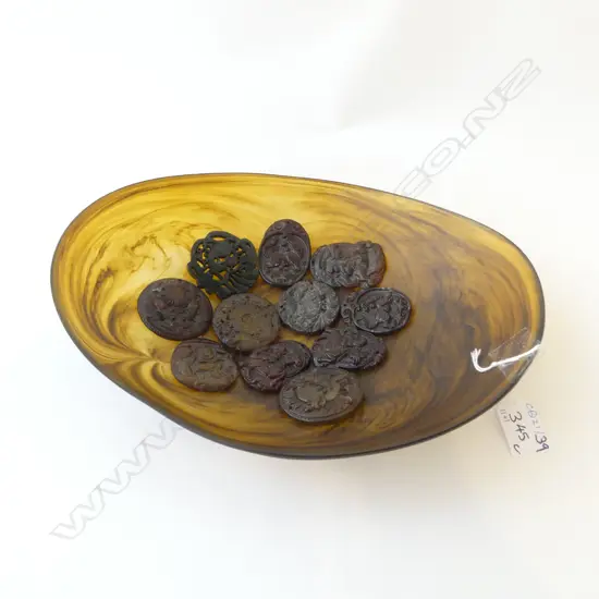 11 ASST. ORIENTAL TOKENS 45mm dia + FAUX TORTOISESHELL BOWL 
