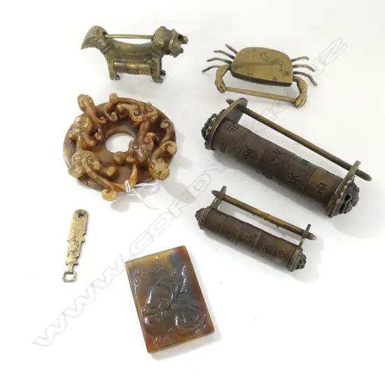 4 ORIENTAL COMBINATION LOCKS + CARVED STONE PENDANT 60x40mm & DISK 90mm dia