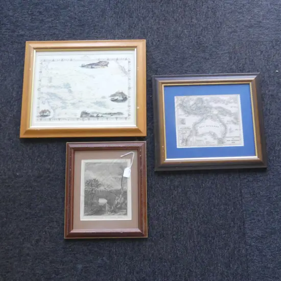3 framed EARLY NZ VIEWS: ENGRAVED MAP 1830 NEW HOLLAND + engraving from Cook's Voyages 'Vue d'un Rocher..' + litho map..