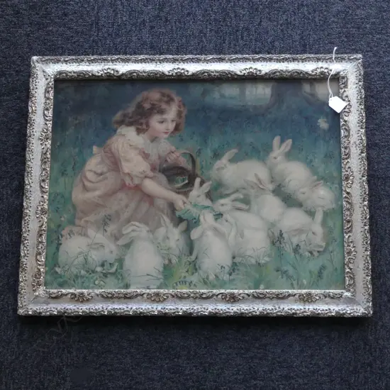 SILVER GILT FRAMED PEARS PRINT GIRL FEEDING BUNNYS H540 L730MM