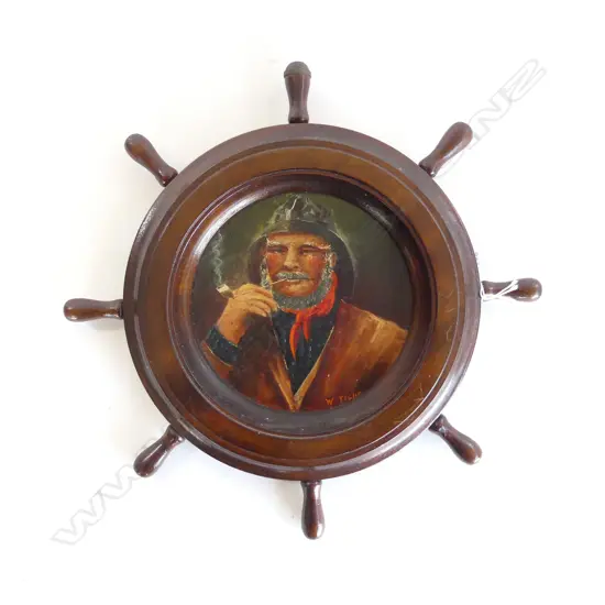 VINTAGE OIL SEAMAN WITH PIPE SHIP WHEEL FRAME SIGNED W TIGHE DIA 310MM