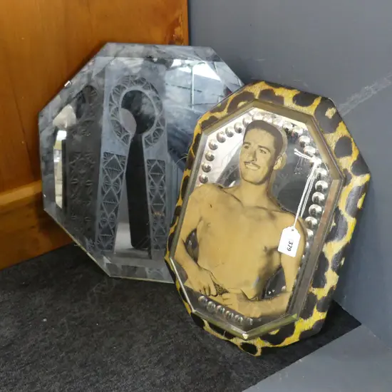 2 HEXAGONAL DECO MIRRORS; 355mm dia & ERROL FLYNN CUT OUT 355x255mm