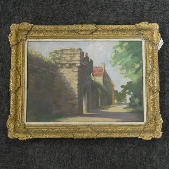 C. CHRISTIE, CASTELLATED WALL, OIL ON CANVAS 1929 240x340mm