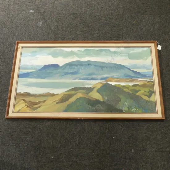 J. W. DYE 'TARAWERA MOUNTAIN' OIL ON BOARD '74, 460x880mm