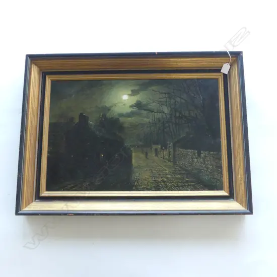 19thC OIL PAINTING ON CANVAS BY WALTER EGAN ? detailed verso MOONLIT STREET SCENE 390 X 590mm