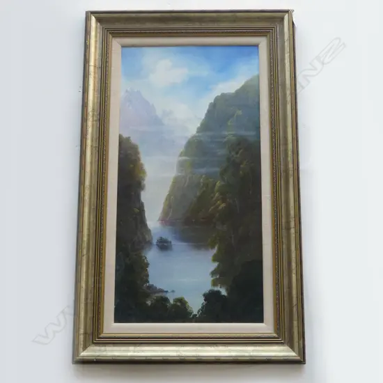 ROBERT WOOD,"NANCY SOUND I" FIORDLAND LANDSCAPE,OIL ON BOARD, SIGNED, 600 X 300mm