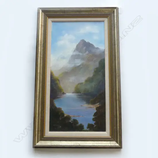 ROBERT WOOD,"NANCY SOUND II" FIORDLAND LANDSCAPE,OIL ON BOARD, SIGNED, 600 X 300mm