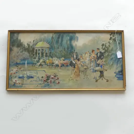 ARTIST UNKNOWN 'A SPANISH GARDEN PARTY' GOACHE ON FABRIC, 300x600mm