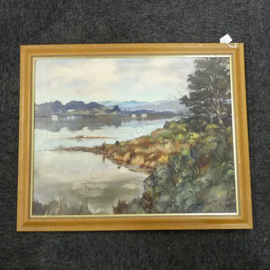RONA ALEXANDER, RIVER SCENE, OIL ON BOARD 440x560mm