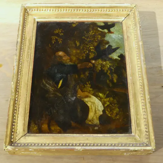 ANTIQUE OIL ON CANVAS DEPICTING ELIJAH FED BY RAVENS 165x125mm...