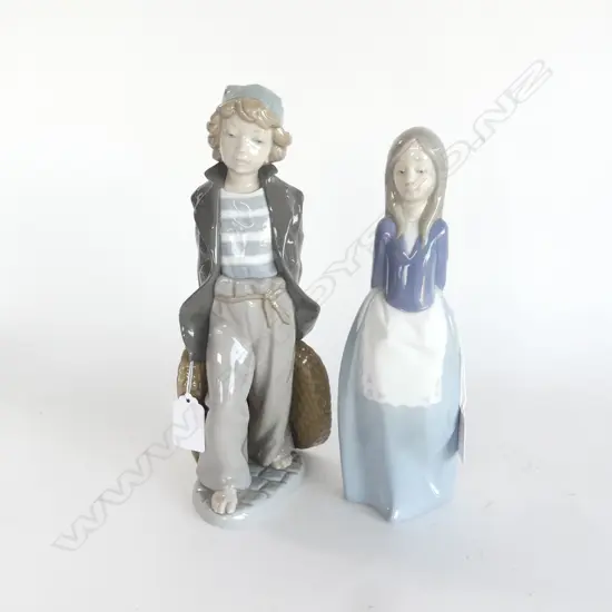 LLADRO YOUTH DRAGGING BASKETS H.260mm (sml chip to jacket) & NAO by LLADRO GIRL w APRON H.240mm