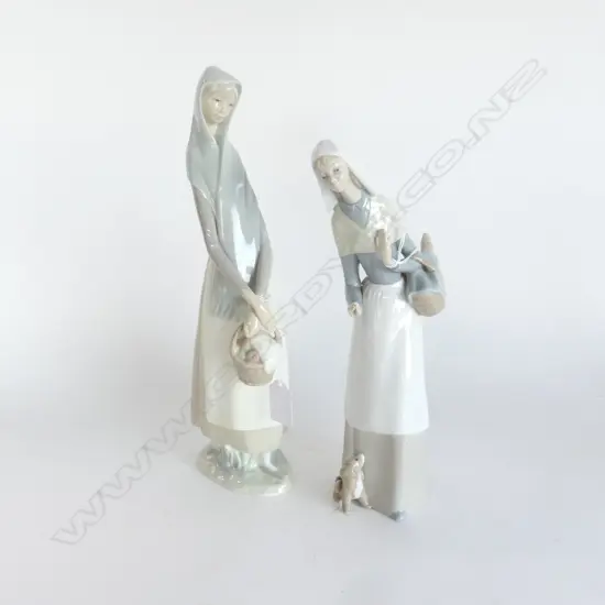 2 PCS LLADRO; GIRL w BASKET H.240mm & GIRL w PUPPY AT FEET H.280mm