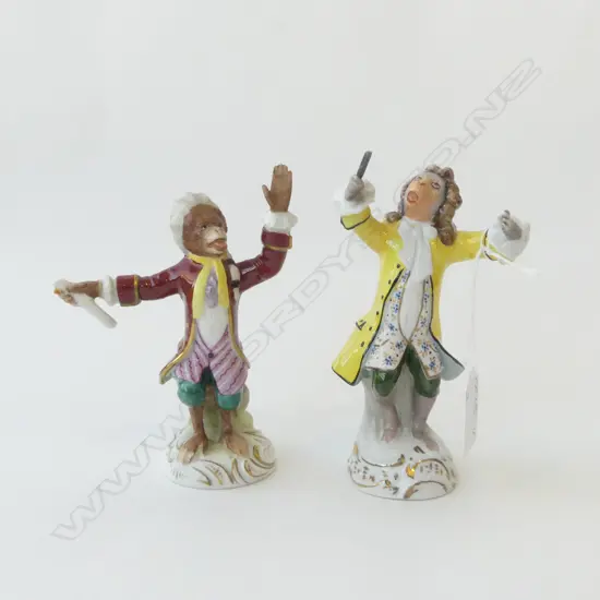 2 GERMAN PORCELAIN MONKEY BAND CONDUCTORS. 1x Sitzendorf + 1X Dresden. minor faults