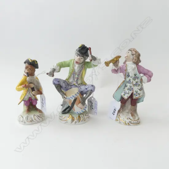 3 GERMAN PORCELAIN MONKEY BAND MUSCIAN FIGURES minor faults. 2 x Dresden H.140mm tallest. Drummer. Bagpipes. clarinet