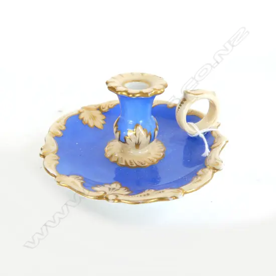 19thC PORCELAIN TAPER CHAMBER STICK blue & gilded