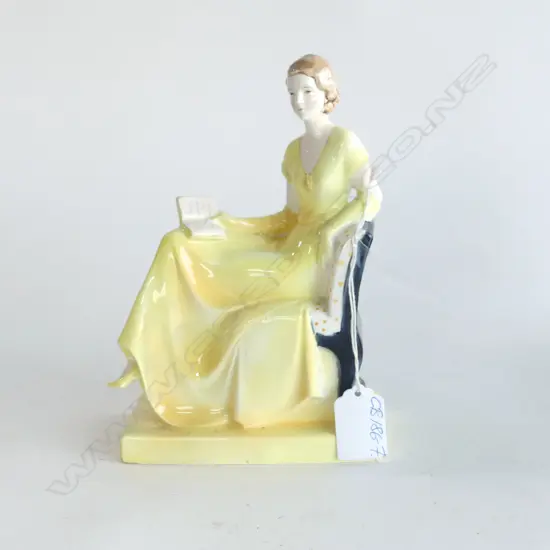 KATZHUTTE (HURTWIG & CO) GERMAN ART DECO SEATED LADY FIGURINE YELLOW DRESS H.195mm