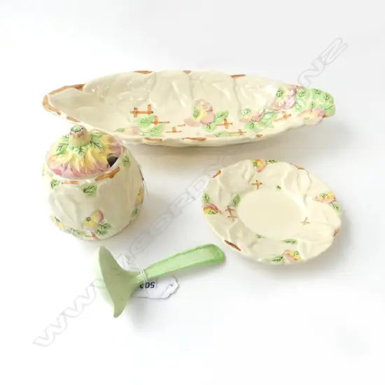 3 PCS STAFFORDSHIRE 'BEECH' LIDDED JAR ON DISH, OVAL PLATE & CARLTONWARE SPOON