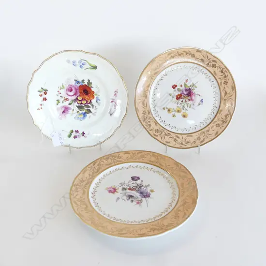 3 VICTORIAN PORCELAIN H/PAINTED FLORAL PLATES: 1 COALPORT + 1 cracked & repaired
