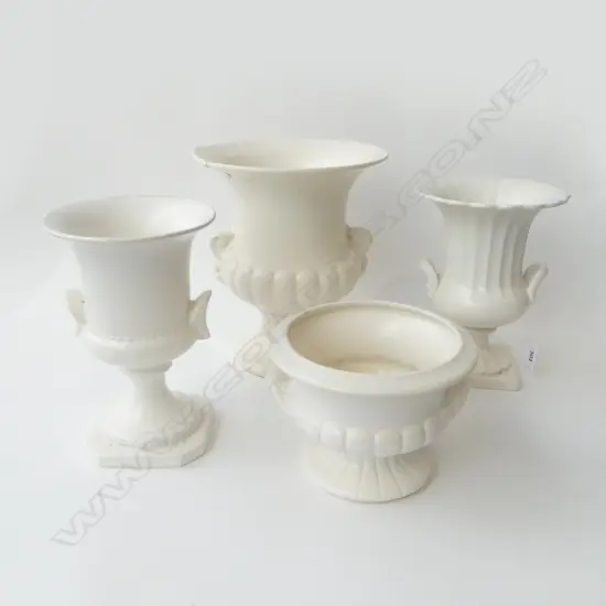 4 WHITE VASES; 3 CROWN LYNN (LARGEST REPAIRED H.230mm) + BESWICK