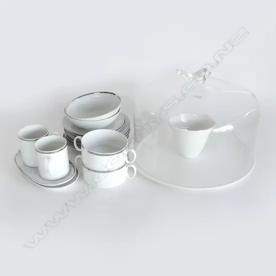 14 PC THOMAS GERMANY 2 PERSON BREAKFAST SETTING, WHITE/SILVER & GLASS TOPPED CAKE STAND PEDESTAL NEEDS REATTACHING