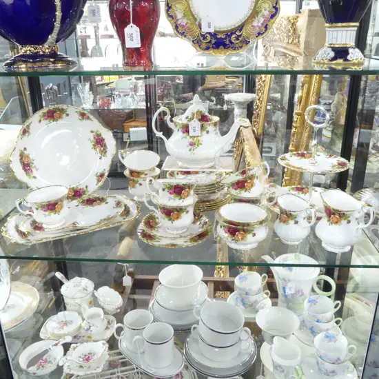 29 PCE ROYAL ALBERT OCR TEA SET: TEAPOT, 6 TRIOS, TENNIS SET, 2 TIER PLATE, 2 PLATES, 2 MILK, 2 SUGAR, SERVER