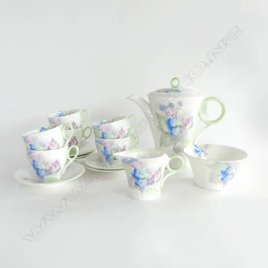 13 PCE SHELLEY TEA SET; 6 C/S, TEAPOT H.175mm, MILK & SUGAR (hairlines)