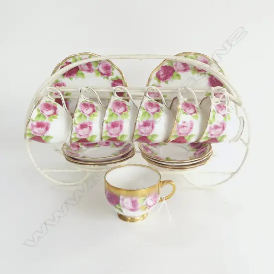 ROYAL ALBERT 'OLD ENGLISH ROSE' 7 TRIOS & STAND