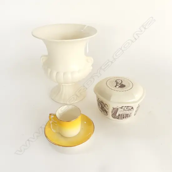 3 CROWN LYNN ITEMS,  MOULDED CAMPANA VASE 2 HAIRLINES H.200mm,1979  50TH ANNIVERSARY LIDDED CONTAINER & CUP & SAUCER