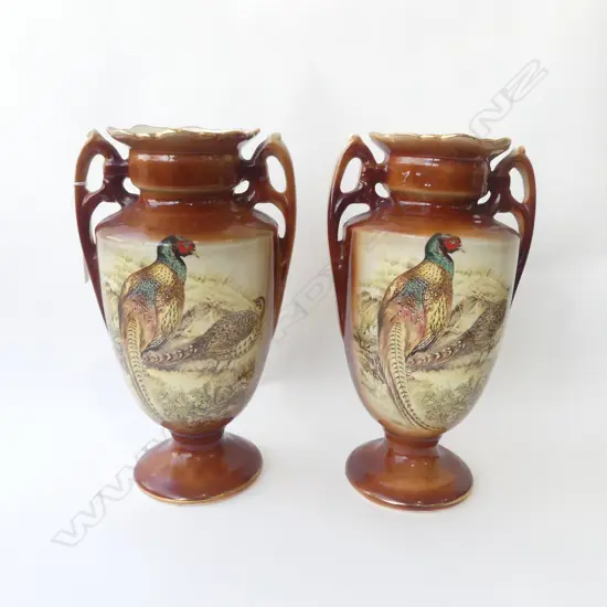 PAIR OF A.O.P ENGLAND CERAMIC PHEASANT VASES, H 330MM