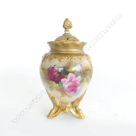1919 HADLEY'S WORSTER LIDDED POTPOURI painted ROSES URN H.180mm shape 245. professionally restored finial