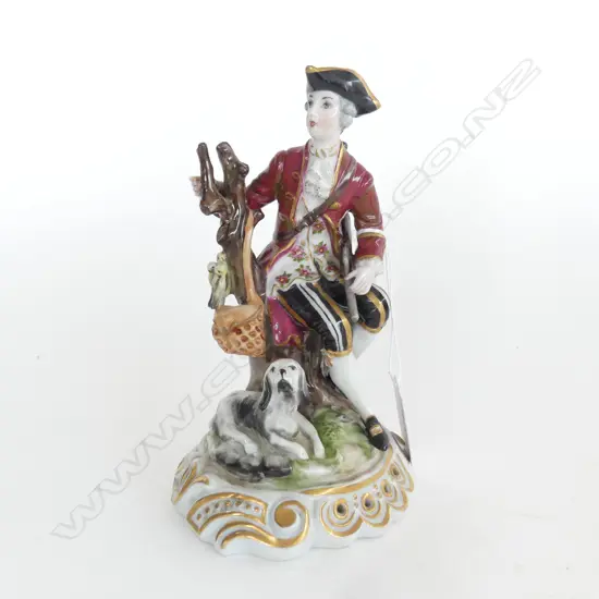 A quality 20thC GERMAN PORCELAIN FIGURE GROUP gentleman hunter & hound upon a stump H.160mm