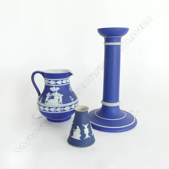 3PCS BLUE JASPER WEDGWOOD CANDLESTICK H200MM JUG H120MM VASE 60MM