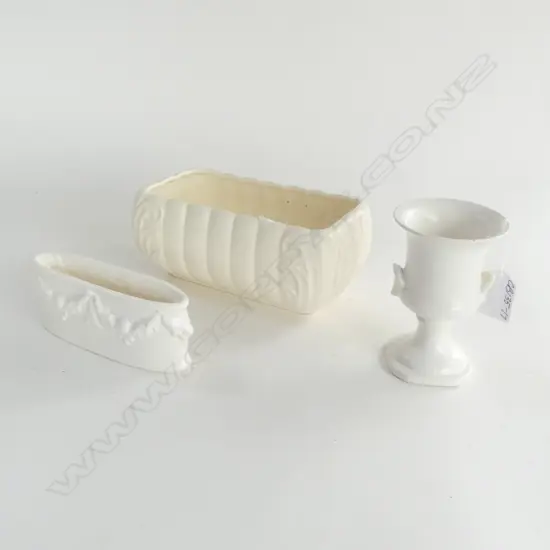 THREE CROWN LYNN VASES, LG w SCALLOPED EDGE L.180mm H.80mm, SML TROUGH #657, SML URN #679 (all tiny faults to rims)