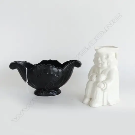 2 PCES CROWN LYNN; WHITE TOBY JUG H.175mm frits, BLACK VASE #409 W.260mm dull sounding