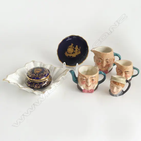 COLLECTION SM VINTAGE ITEMS, 4 ROYAL DOULTON TOBYS, 2 LIMOGES, ROYAL ALBERT PIN DISH