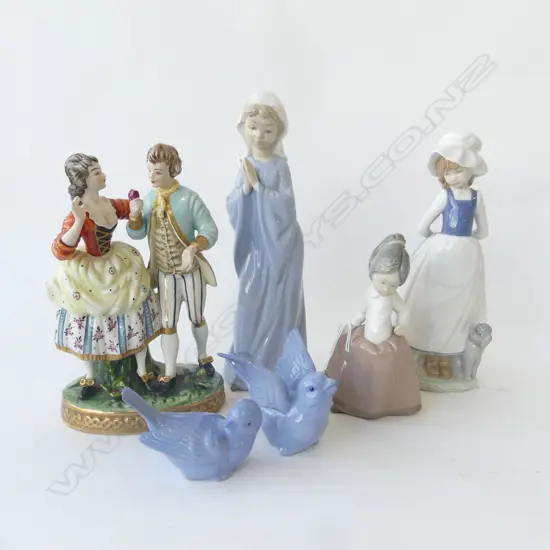 4 FIGURINES; 3 NAO H.270mm + DRESDEN COUPLE & 2 BIRDS