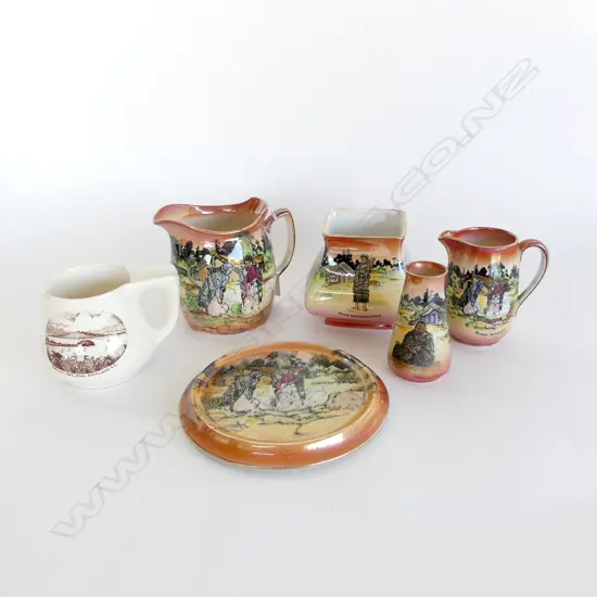 5 PCS GRIMWADES 'MAORI WARE' ( all faulted except jug ) & VINTAGE SHAVING MUG w Auckland scene