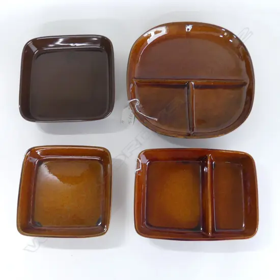 FOUR CROWN LYNN SQUARE & SECTIONED 70S HORS D'OEURVES DISHES, ONE AIR NEW ZEALAND 