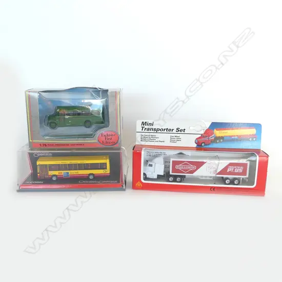 3 BOXED MODEL TRUCKS; MINI TRANSPORTER, LOCAL LINK BUS & YESTERYEAR GREEN LONDON BUS