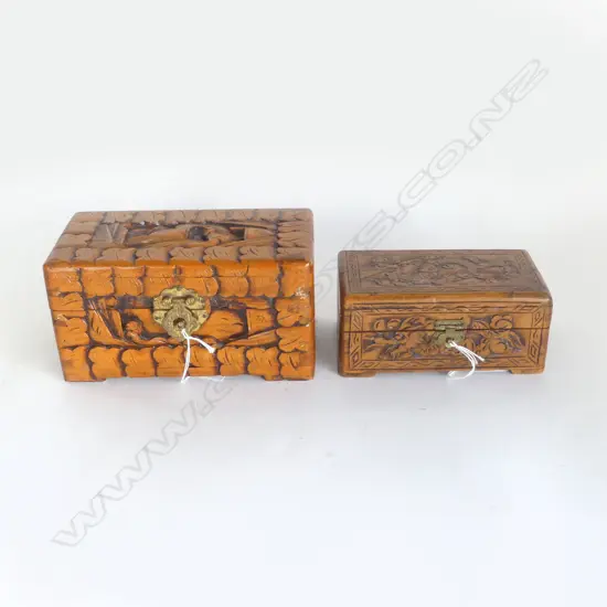 2 MINIATURE CARVED CAMPHOR WOOD BOXES. The longest 205mm