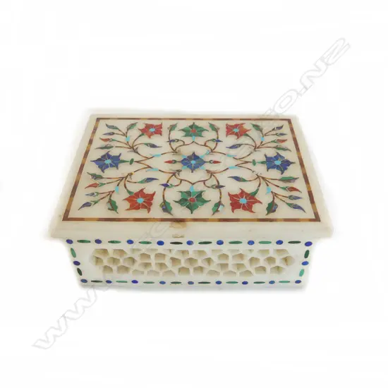 INDIAN MARBLE JEWELBOX w INLAID LID & HONEYCOMB SIDES