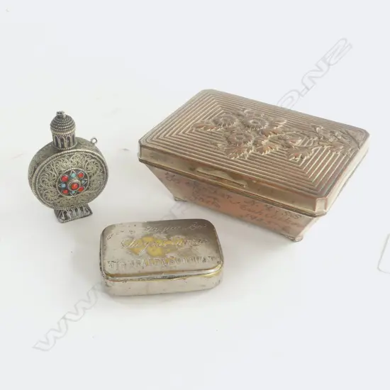 3 VINTAGE METAL PCS; SCOTTISH VESTA John Taylor & Co, 1925 SM JEWELLEY BOX & FILIGREE OPIUM BOTTLE