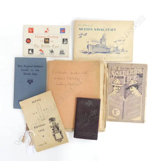ASST. NZ WWII ITEMS INCL. HAND WRITTEN COOKERY BOOK EX. H.M.N.Z.S. TAMAKI, NZ YMCA 'BLIGHTY' BOOKLET ETC