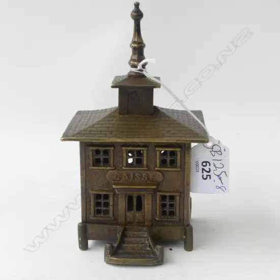 CAST IRON MONEY BANK c.1900 AS FRENCH BUILDING w. PAGODA TYPE ROOF, GILT FINISH. 90X70X160mm