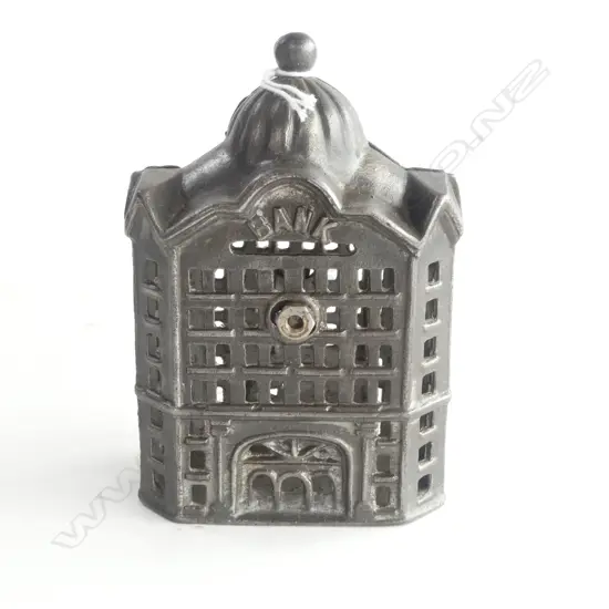 CAST IRON MONEY BANK c.1900, AS OLD DOMED BANK, RETICULATED, 80X40X120mm