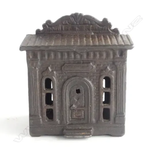 CAST IRON MONEY BANK c.1900, AS BANK WITH PILLASTERS. 70X60X80mm 