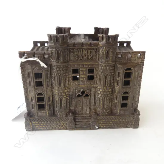CAST IRON MONEY BANK ,c.1900, AS ENGLISH CASTLE RD N0- 180427. 130X70X110mm