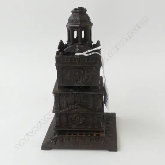 CAST IRON MONEY BANK, c.1900, AS CLOCK MONUMENT 'TOWER BANK'. 955X95X180mm