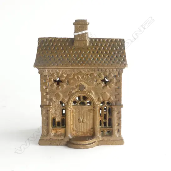CAST IRON MONEY BANK, c.1900, AS OLD BANK , GILT FINISH, COTTAGE STYLE. 90X70X130mm