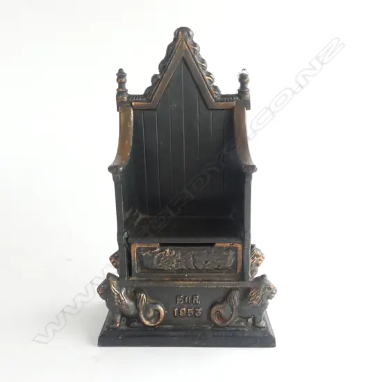 CAST IRON MONEY BANK, AS THE QUEENS CORONATION THRONE 1953, 'HARPER' MAKER RD APPLIED FOR, 115X70X220